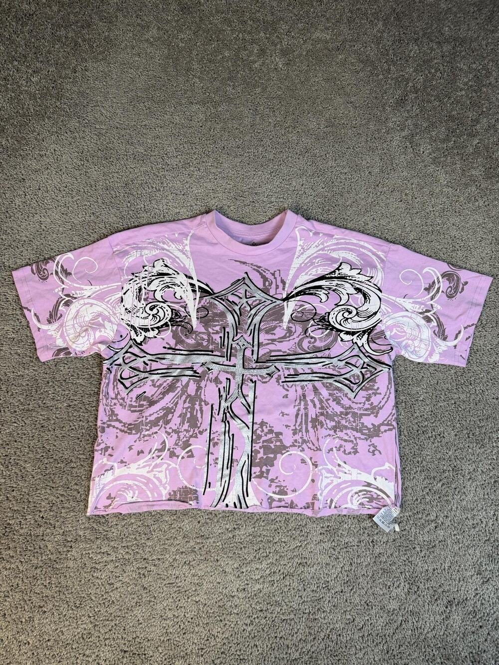 Massive Shirt Womens S Pink Cropped Cyber Goth Gothic Crucifix Mall Y2K
